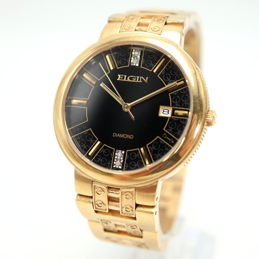 Vintage Elgin Diamond Mens Gold Tone Dress Date Watch 38mm with New Battery